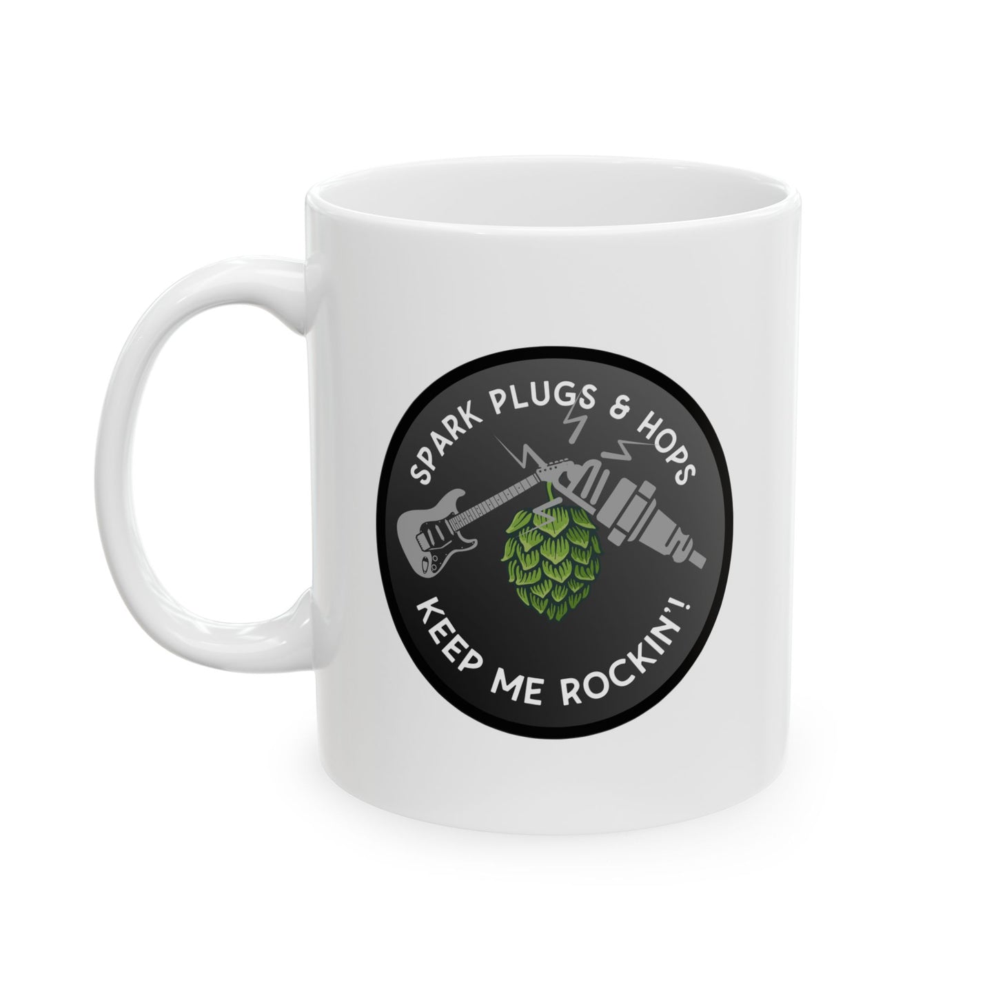 Mug - Spark Plugs & Hops Keep Me Rockin | Gift for Hops, Guitar, and Automotive Enthusiasts