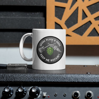 Mug - Spark Plugs & Hops Keep Me Rockin | Gift for Hops, Guitar, and Automotive Enthusiasts