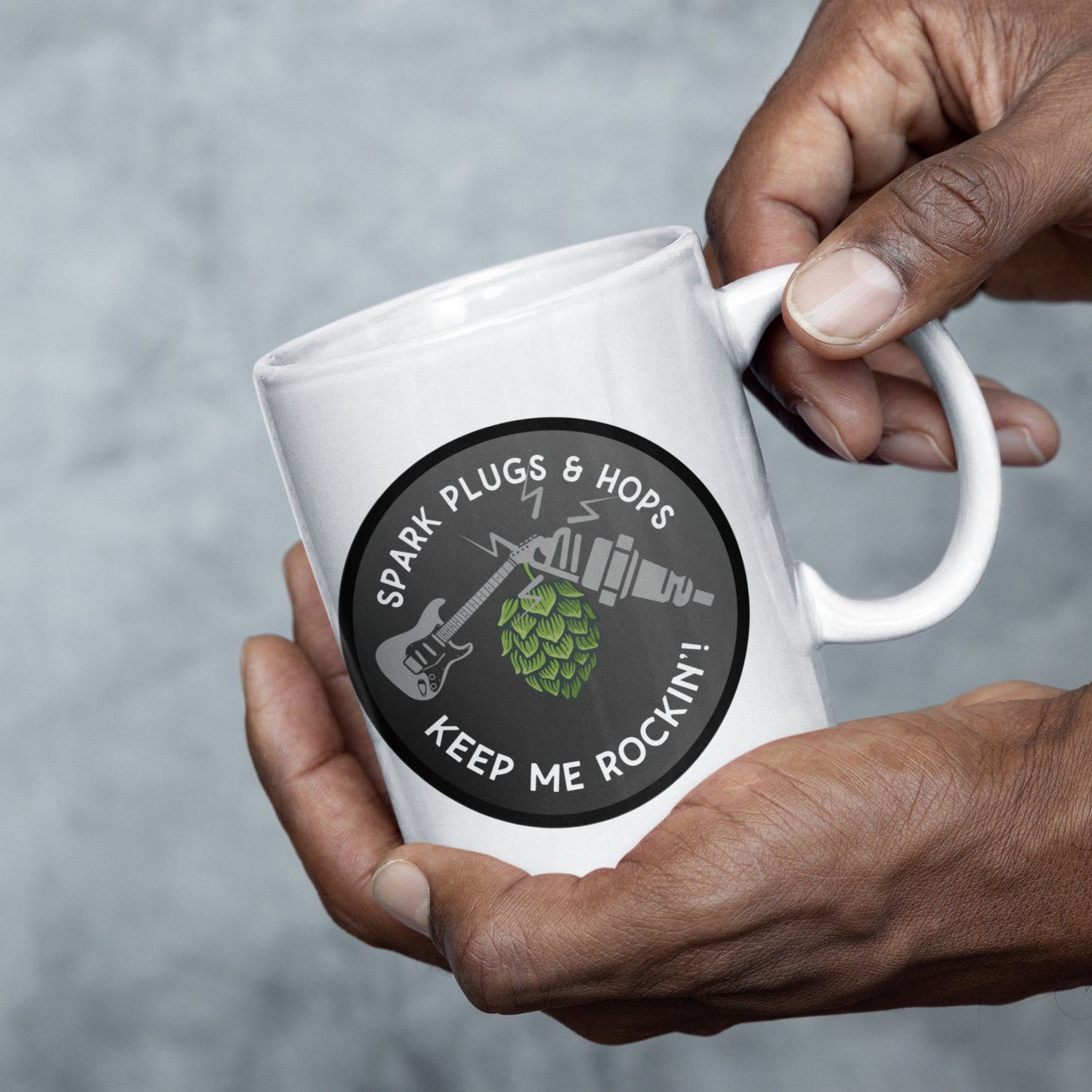 Mug - Spark Plugs & Hops Keep Me Rockin | Gift for Hops, Guitar, and Automotive Enthusiasts