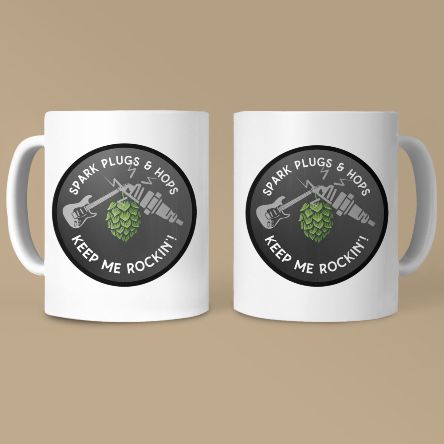 Mug - Spark Plugs & Hops Keep Me Rockin | Gift for Hops, Guitar, and Automotive Enthusiasts