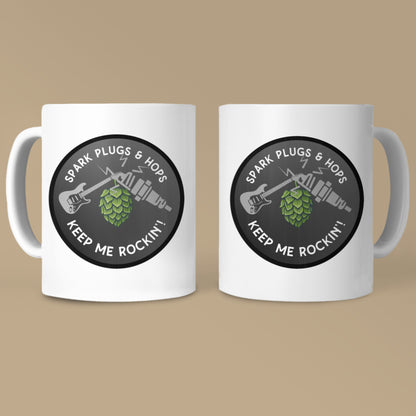 Mug - Spark Plugs & Hops Keep Me Rockin | Gift for Hops, Guitar, and Automotive Enthusiasts