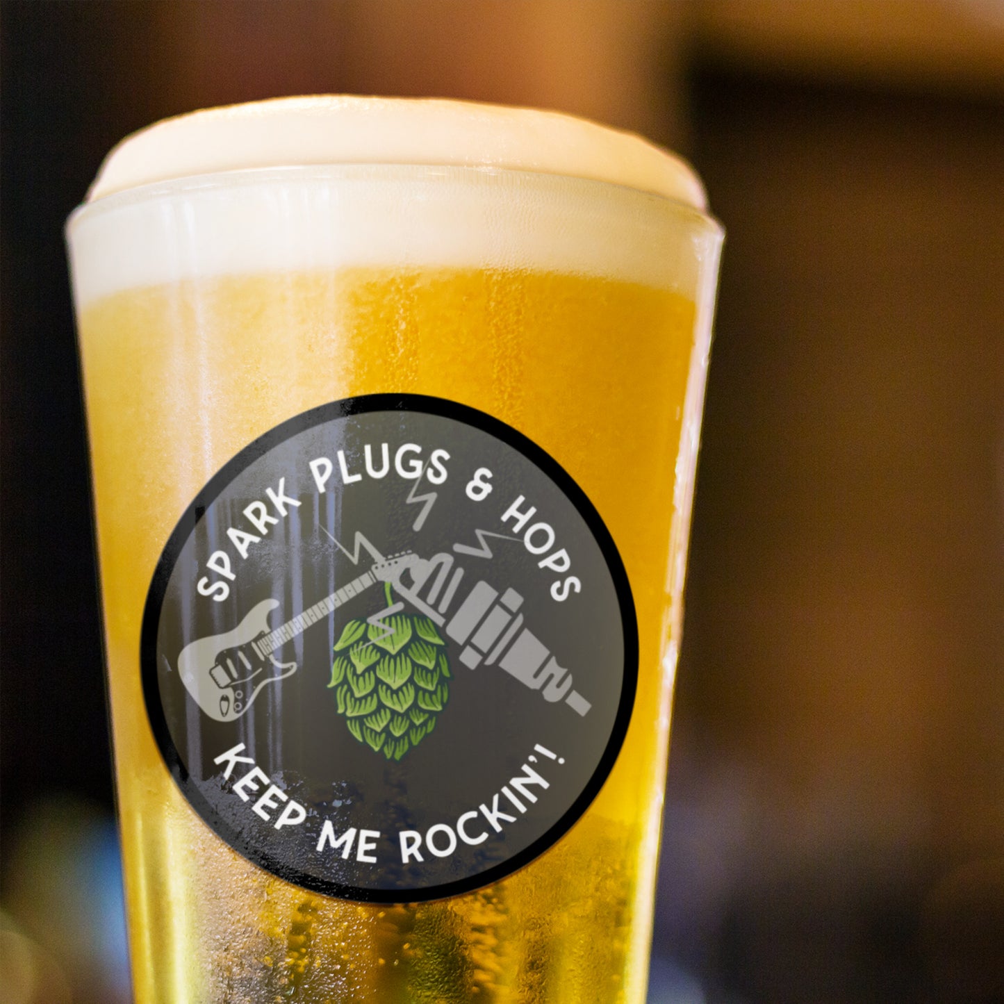 Beer Glass - 'Spark Plugs & Hops Keep Me Rockin' | Perfect Gift for Beer, Automotive, Music Enthusiasts