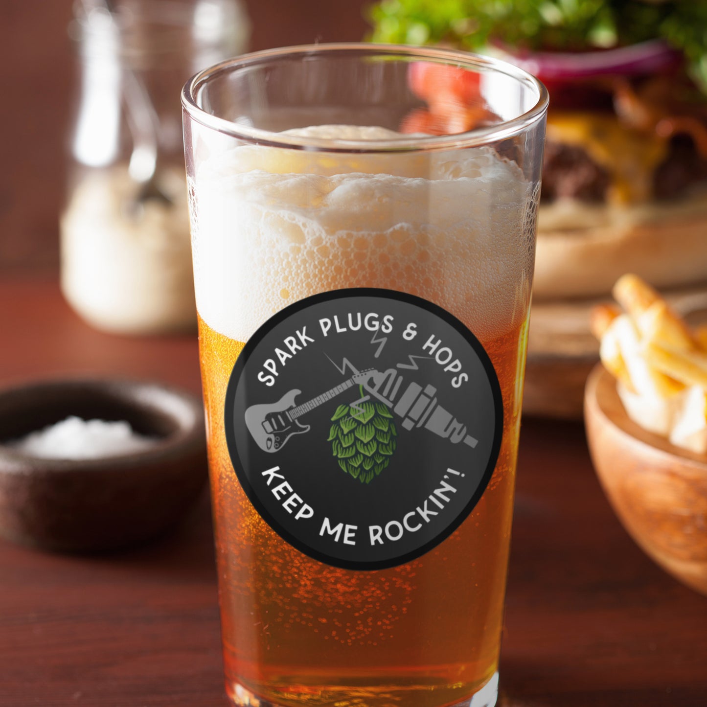 Beer Glass - 'Spark Plugs & Hops Keep Me Rockin' | Perfect Gift for Beer, Automotive, Music Enthusiasts