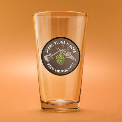 Beer Glass - 'Spark Plugs & Hops Keep Me Rockin' | Perfect Gift for Beer, Automotive, Music Enthusiasts